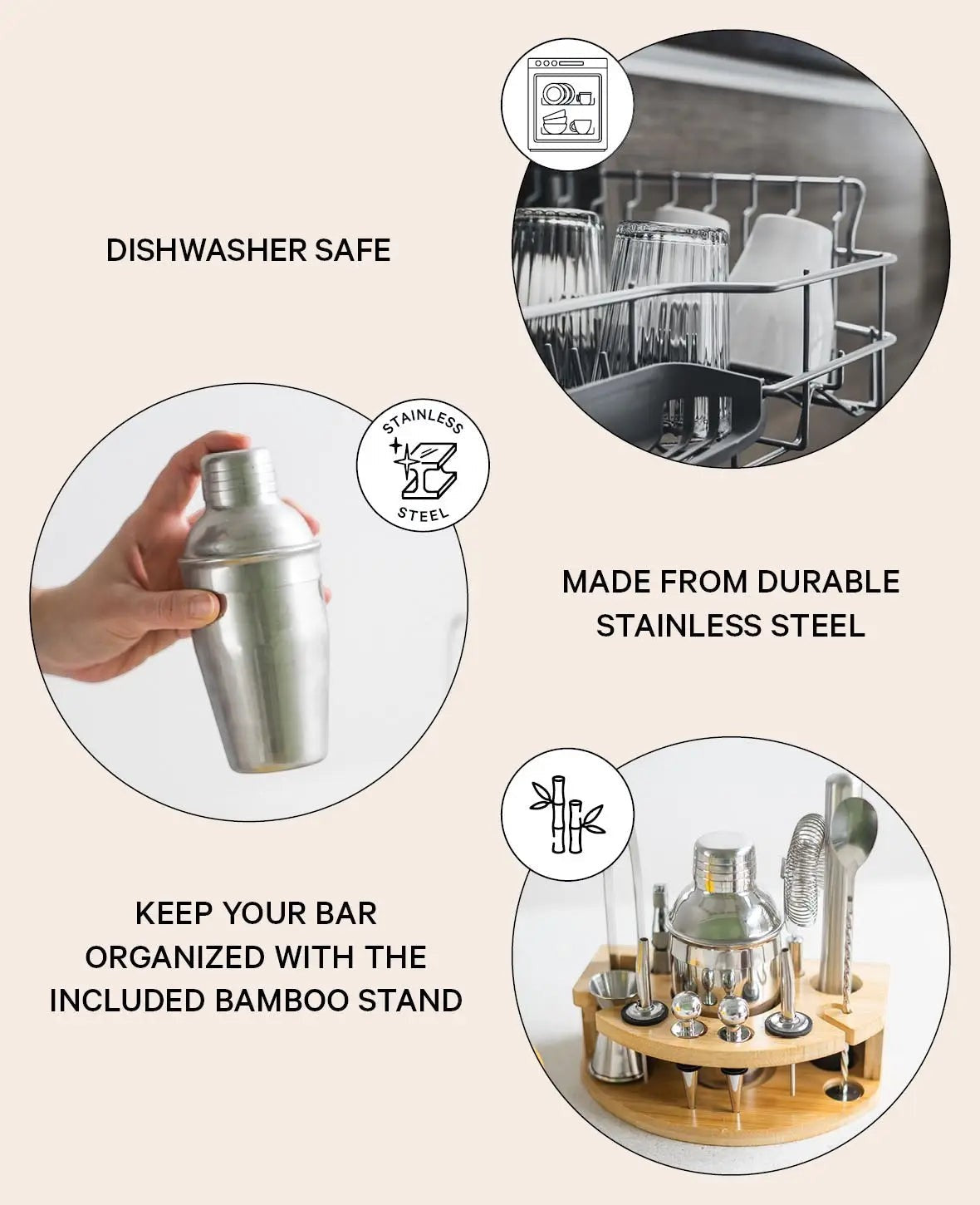 12-teiliges Cocktail Mixer / Bar Shaker Set aus Edelstahl inkl. Bambus Halterung / 350ml Silber