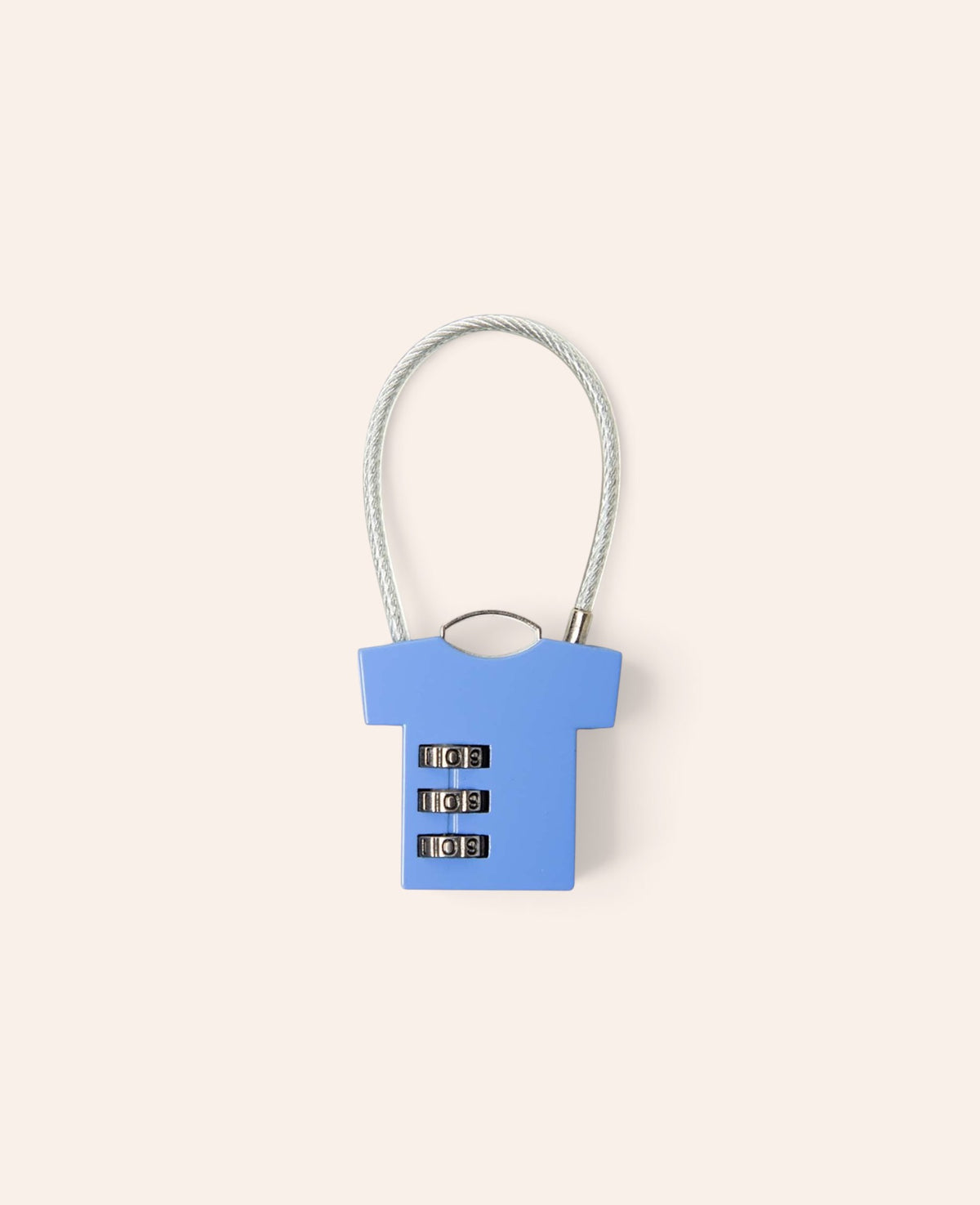 Esmée blaues 3-stelliges Zahlenschloss in T-Shirt-Form mit flexiblem Stahlbügel für Rucksäcke und Taschen
