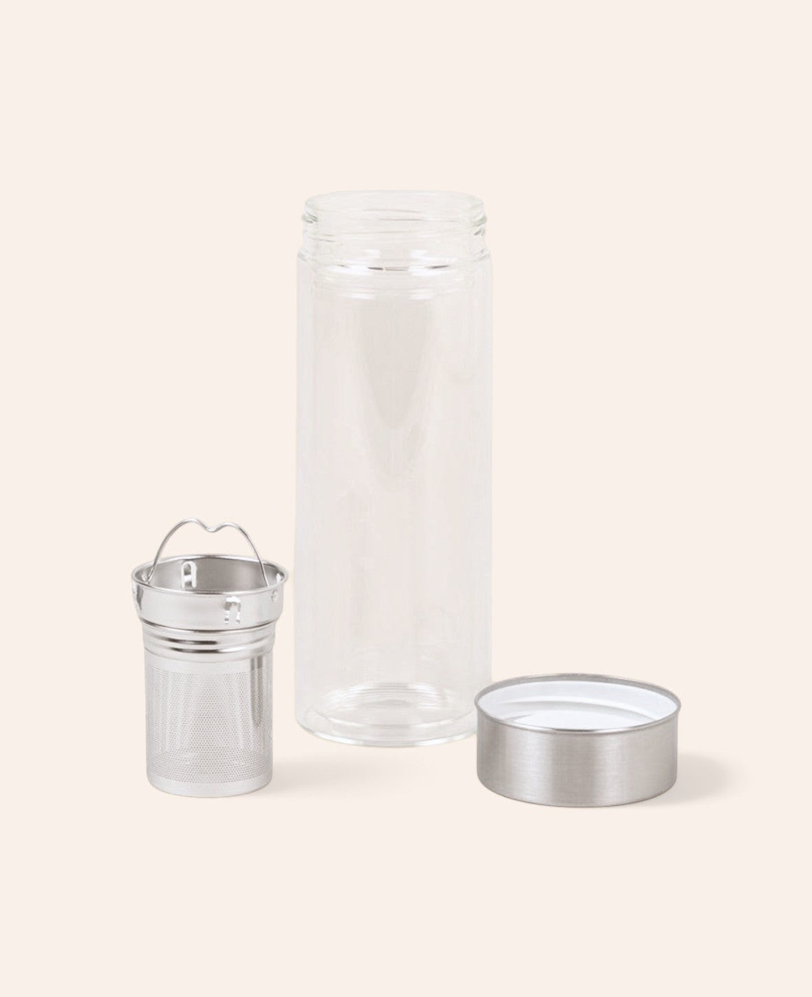 Esmée doppelwandige Borosilikatglas-Trinkflasche mit herausnehmbarem Edelstahl-Teesieb und Edelstahldeckel