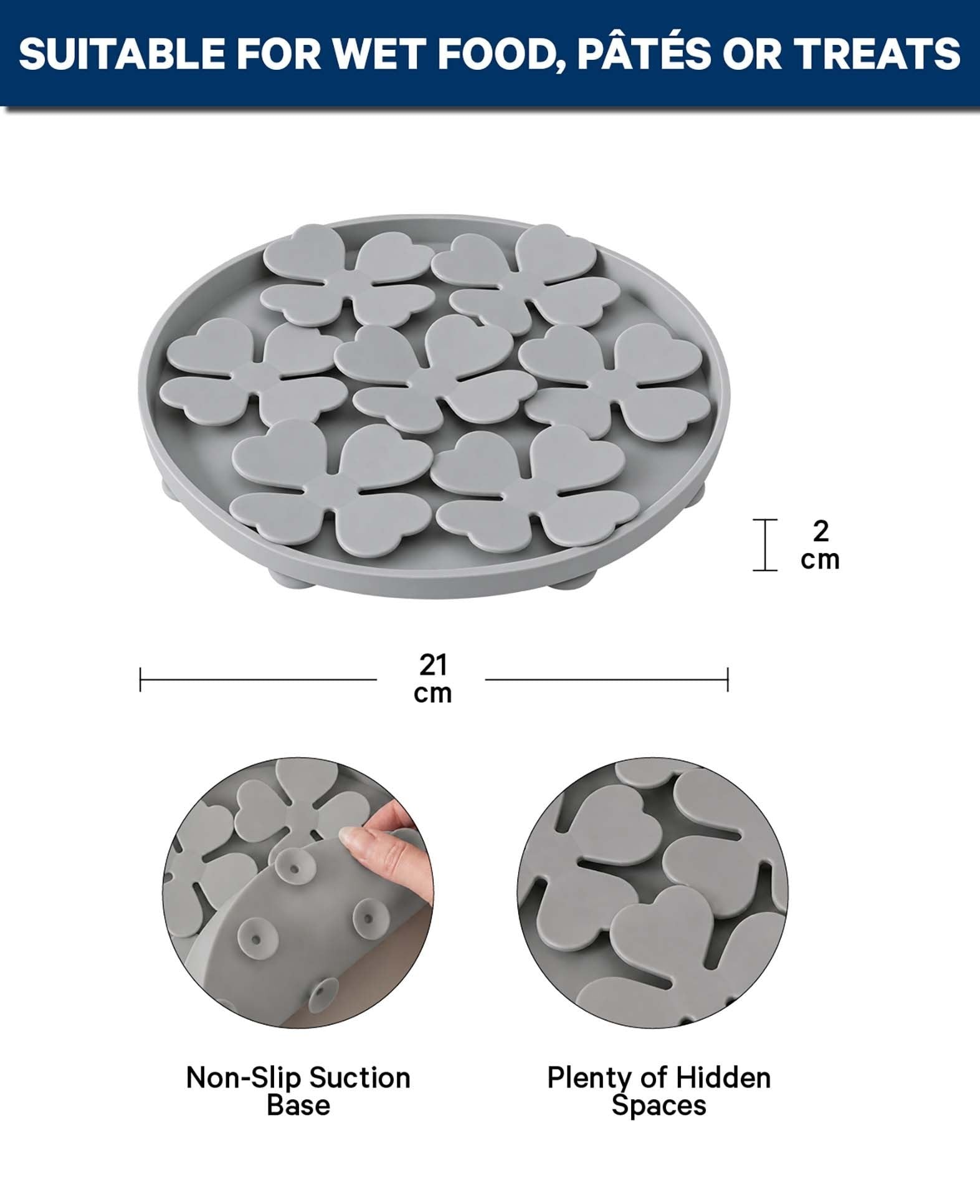 Graue Esmée Schleckmatte für Hunde und Katzen mit blütenförmigem Design zur langsamen Fütterung und Beschäftigung