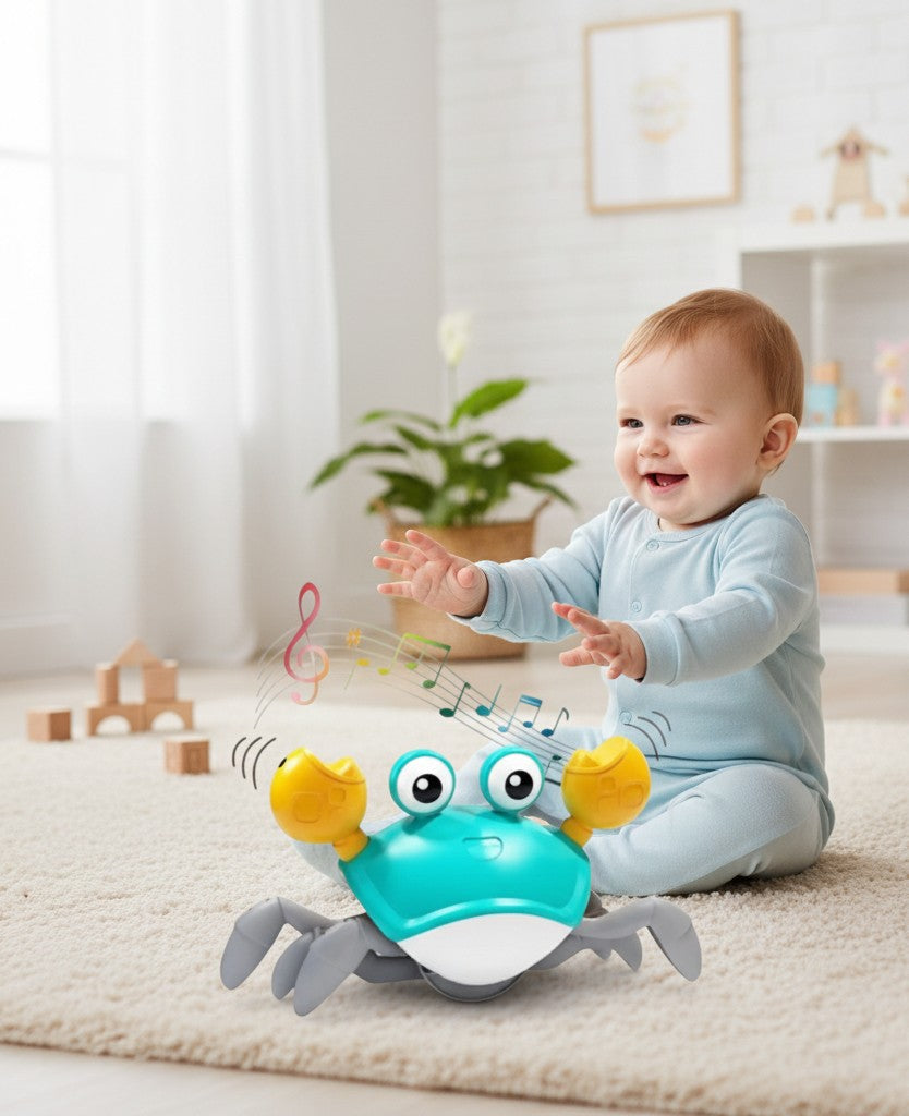 Esmée interaktive Krabbe aus Kunststoff in Blau und Gelb mit Musik und Hindernisvermeidung für spielende Kleinkinder