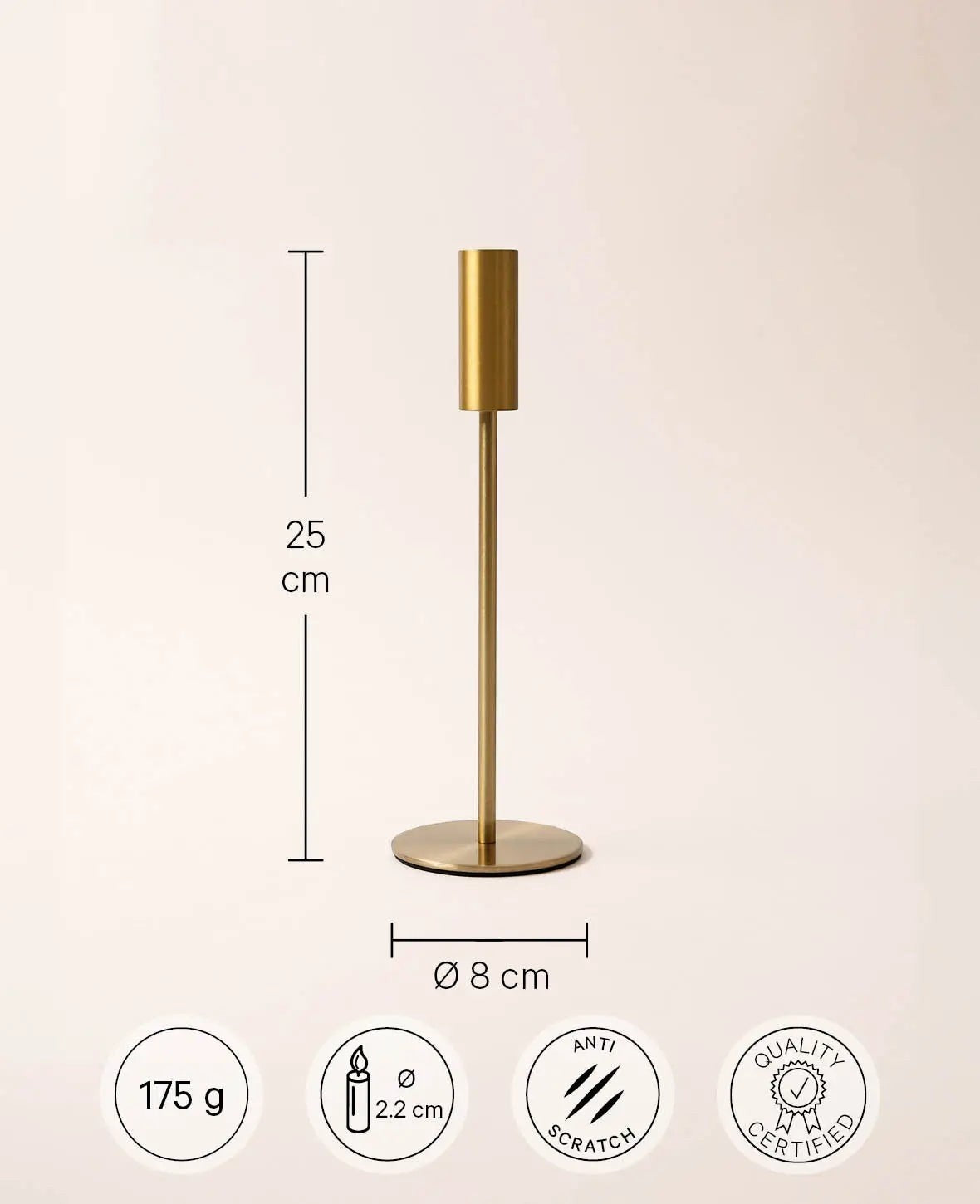 Esmée Kerzenständer aus glänzendem Messing Gold, 25 cm hoch, mit Samtboden für Stabkerzen