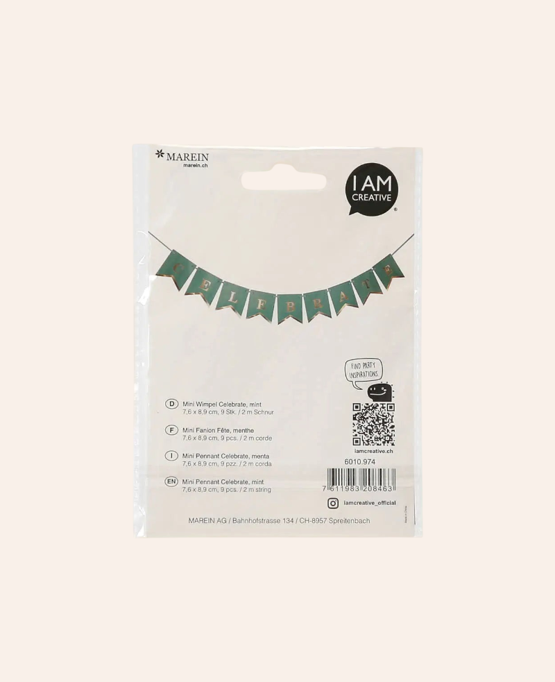 Esmée Mini Wimpelkette Celebrate in Mint mit goldener Schrift auf Pappe für Partydekoration