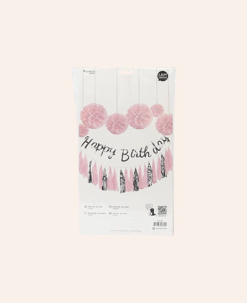Esmée Party-Set in Rosa und Silber mit Pompons, Happy Birthday Girlande und Quastengirlande in Originalverpackung