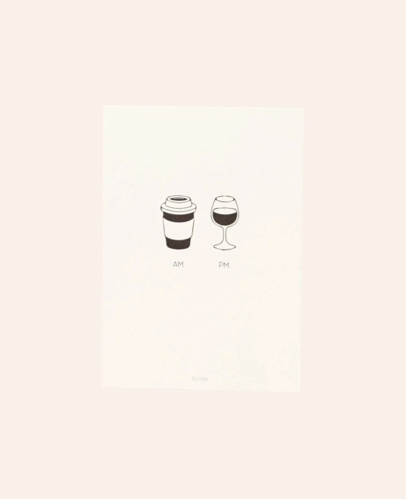 Esmée Postkarte AM PM im A6 Hochformat aus weissem Naturpapier mit minimalistischem schwarzem Kaffee- und Weinglas-Print