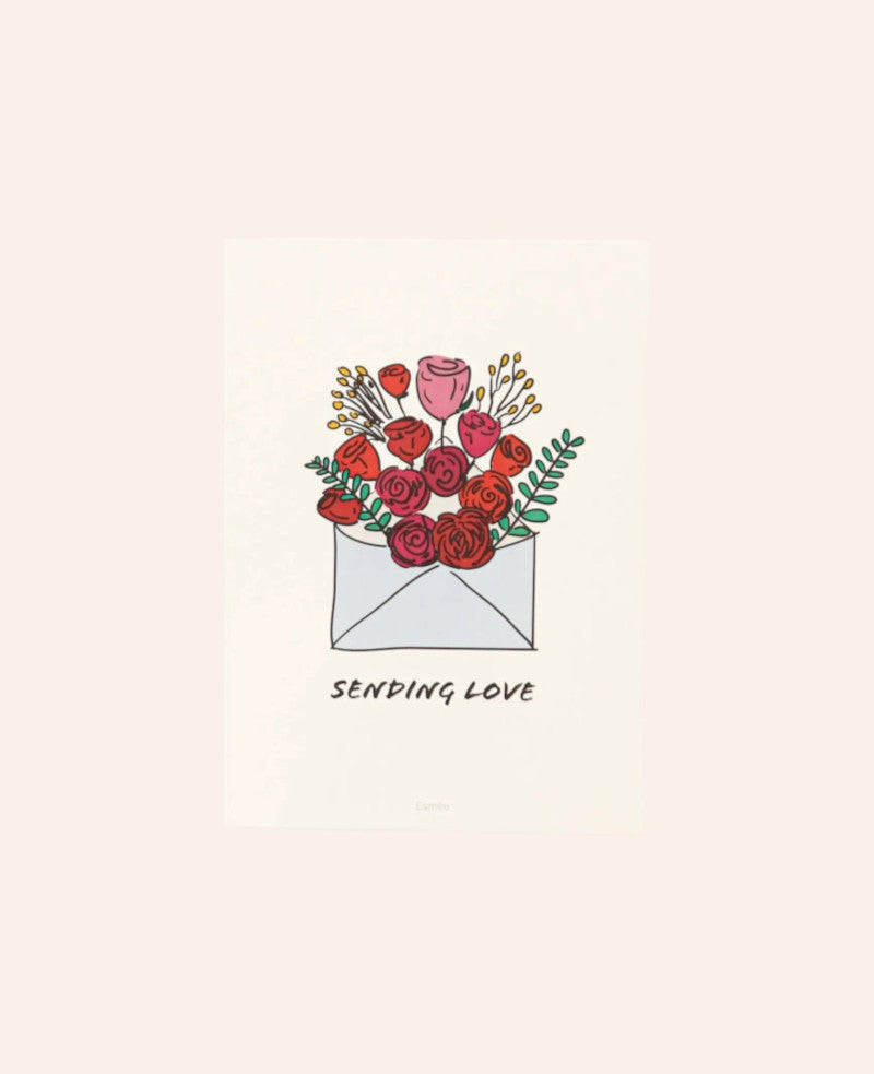 Esmée Postkarte Sending Love mit Blumenstrauss in einem Umschlag auf weissem Naturpapier im A6 Hochformat