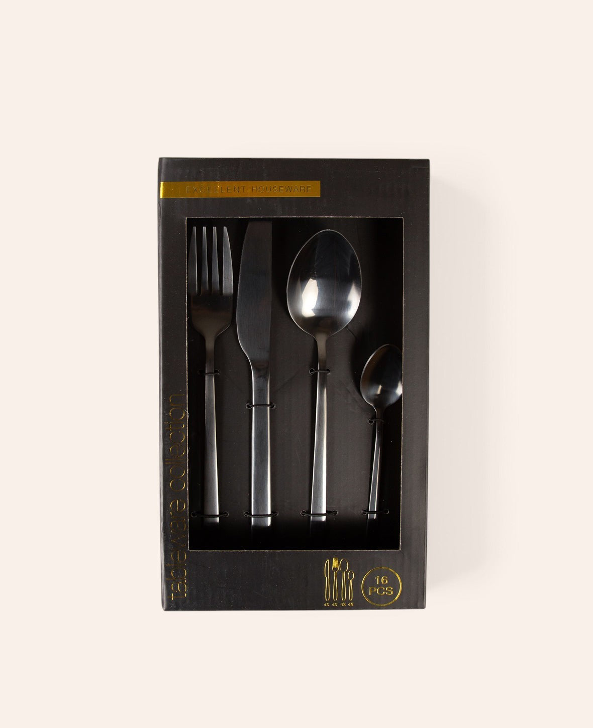 Esmée 16-teiliges Besteckset aus schwarzem Edelstahl mit glänzender PVD-Beschichtung in eleganter Geschenkverpackung