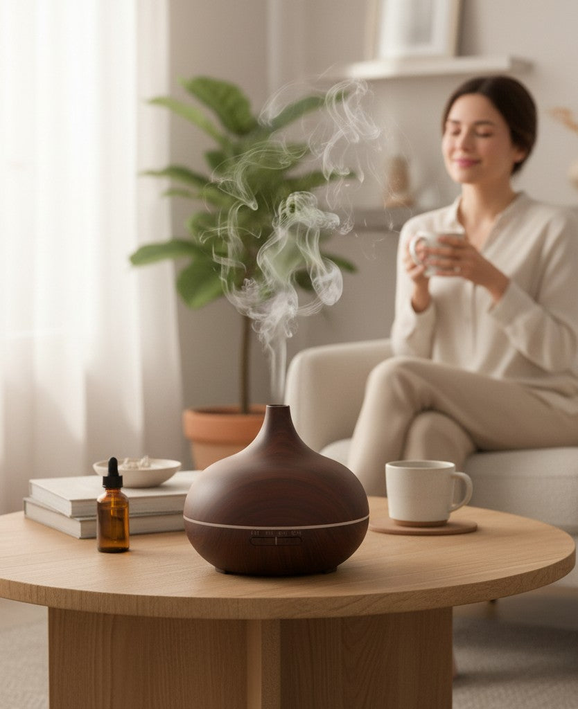Esmée Ultraschall Luftbefeuchter in dunkler Holzoptik mit Aroma Diffuser Funktion und LED Licht auf einem Holztisch.