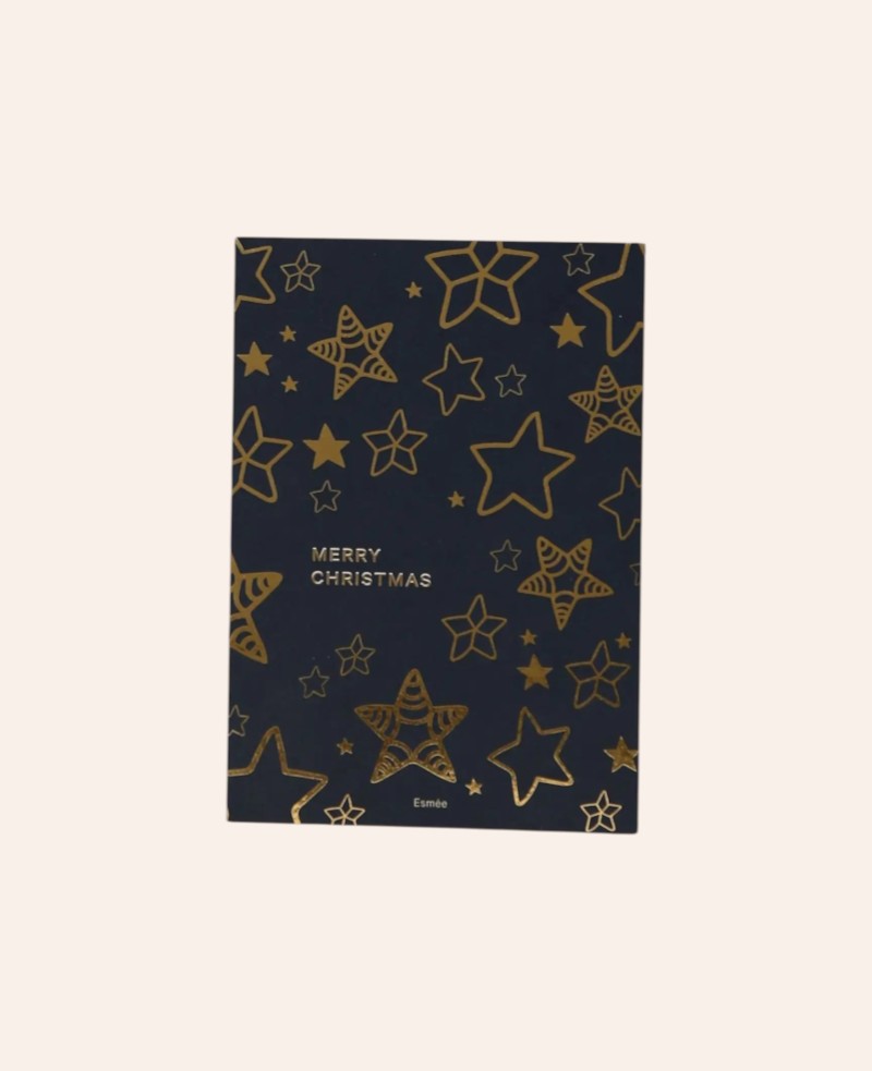 Esmée Weihnachtskarte im A6 Format mit dunkelblauem Hintergrund und glänzendem goldenen Sternen-Folienprint