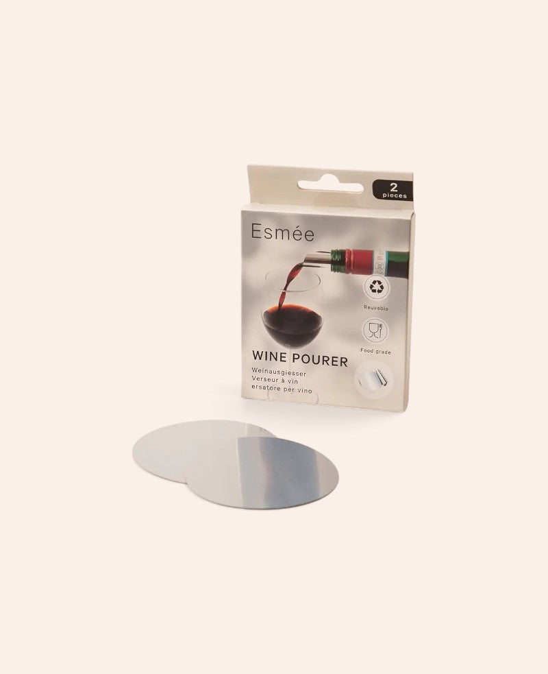 Esmée 2er Set silberne Weinausgiesser aus flexiblem Metall mit Verpackung für tropffreies Einschenken