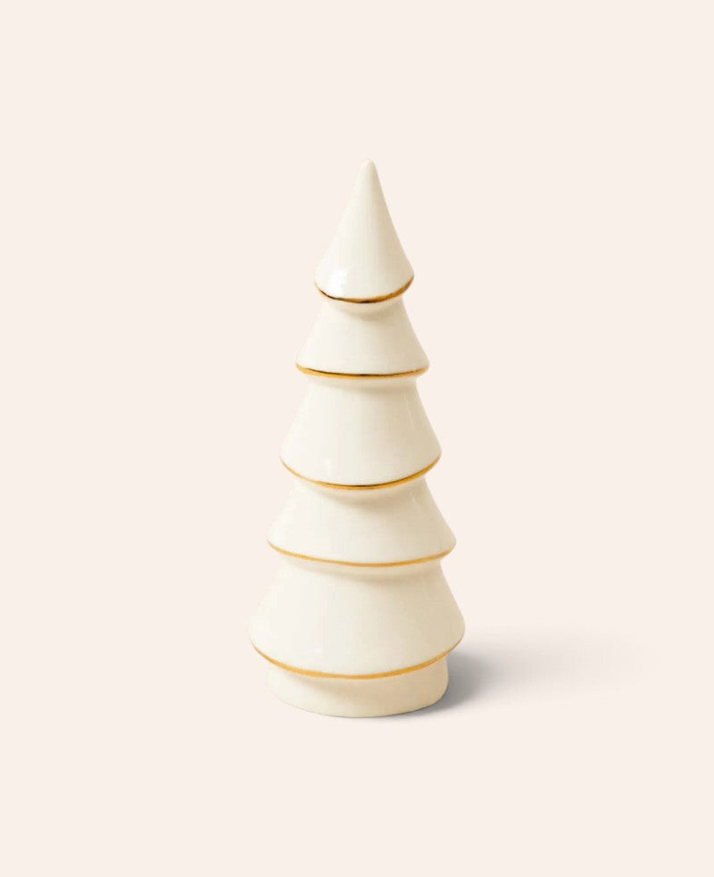 Esmée dekorativer Tannenbaum aus weisser Keramik mit elegantem goldenen Rand, 16 cm hoch für die Weihnachtsdekoration