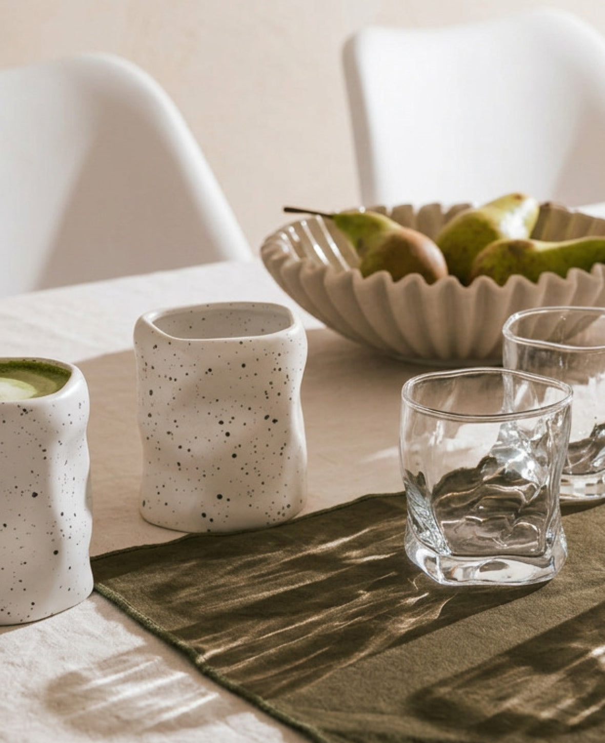 Organic Becher & Gläser Set, Steingut Weiss mit Sprenkeln und Glas, 4 Stk.