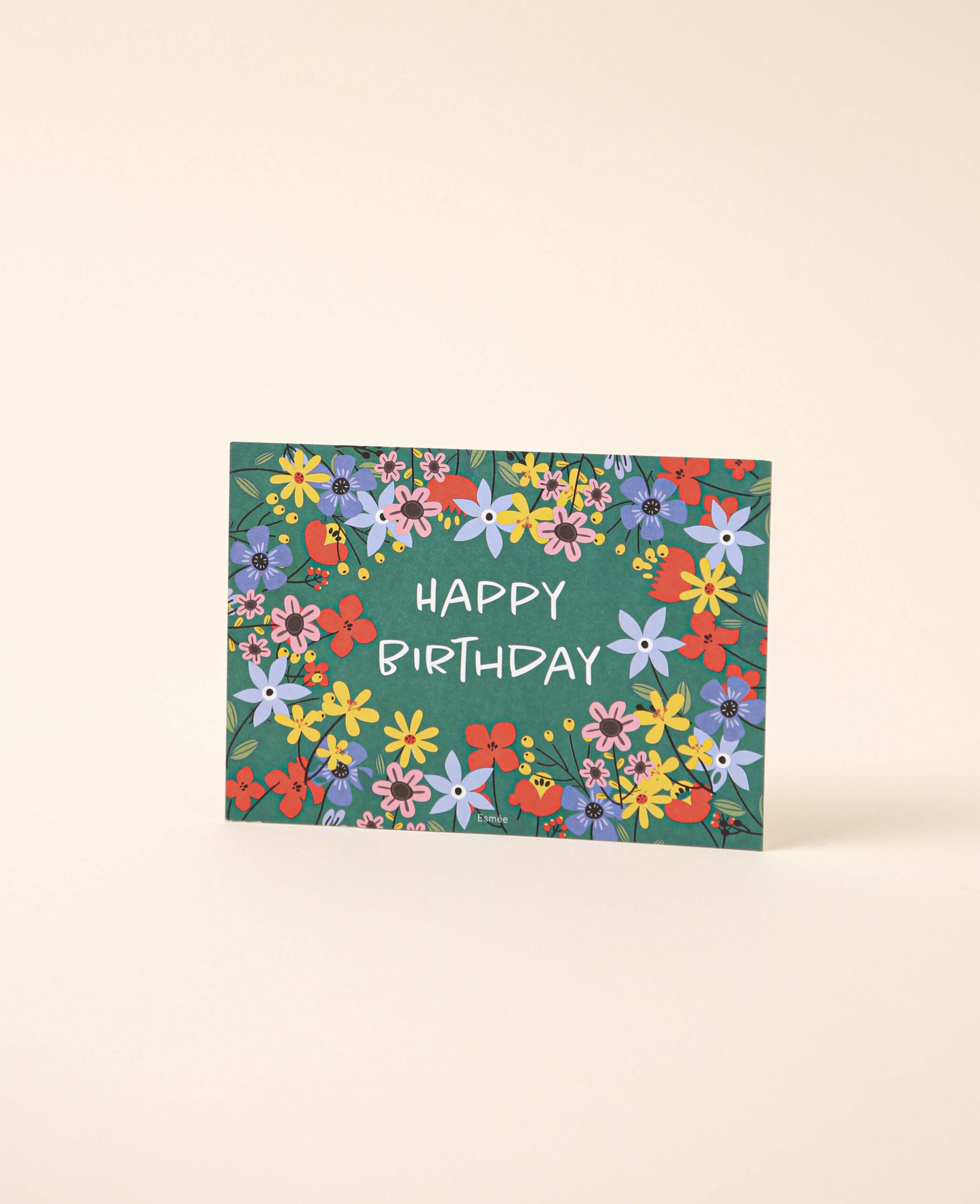 Grusskarte / Postkarte Querformat "Happy Birthday", 10.5 x 14.8 cm, mit farbigem Blumenprint und 